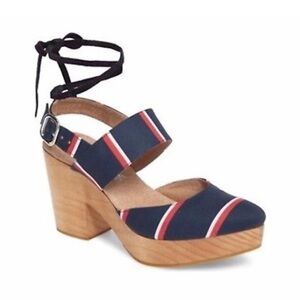 Free People Monaco Navy Stripe Ankle Strap Clogs Shoes EUR 40 US 9.5/10
